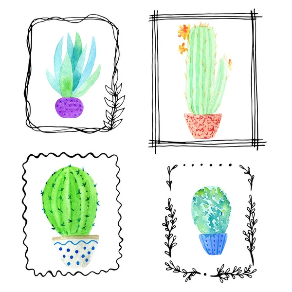Aquarell Kaktus Handgezeichnetem Rahmen Isoliert Auf Weiß Gesetzt — Stockfoto