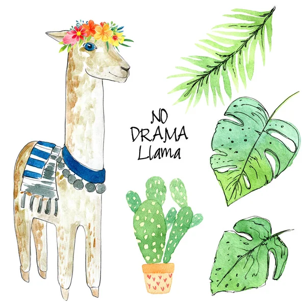 Akvarell Lama Tropiska Blad Kaktus Isolerad Vit Bakgrund — Stockfoto