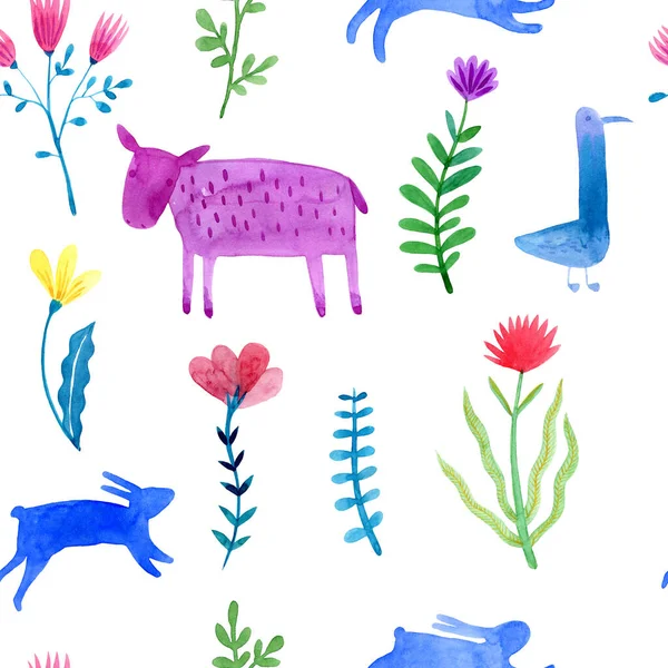 Aquarell Nahtloses Muster Mit Tiersilhouetten Und Blumen — Stockfoto