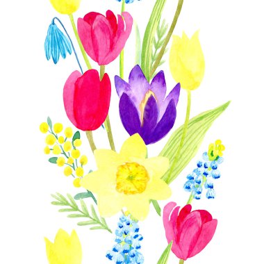 Bahar çiçekleriyle kusursuz desen, suluboya buket