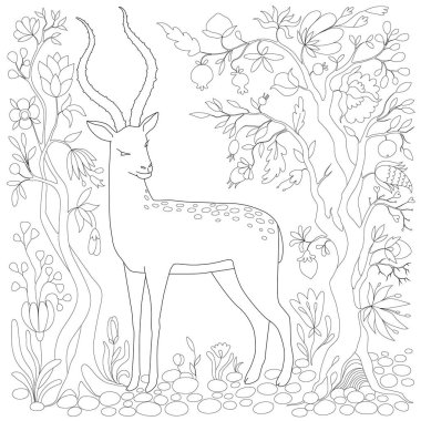 Boyama sayfası. Boyama. Yetişkinler için stres önleyici boyama kitabı. Ağaçlı, çiçekli, el çizimi keçi eskizi