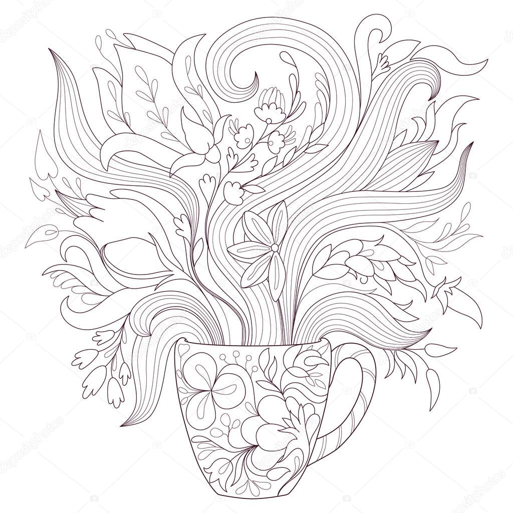 Coloring page for adults with a cup and flowers