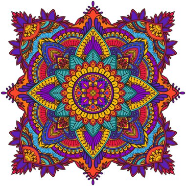 El yapımı Doodle Mandala. Etnik tarzda çiçek mandala. Renkli resimleme