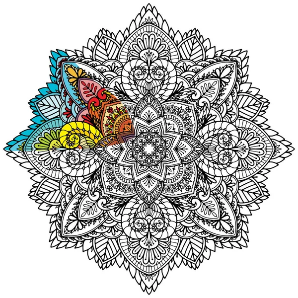 Renklendirme Sayfası Mandala Bir Renk Örneğiyle — Stok fotoğraf
