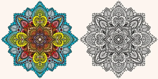 Coloring page. Antistress coloring book for adults. Mandala. Outline drawing and coloring example