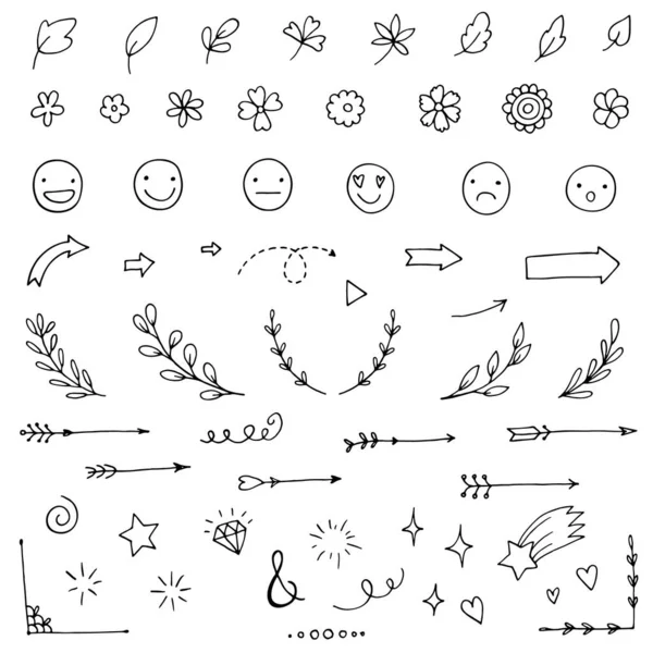Elementos Garabatos Dibujados Mano Flechas Ramas Flores Emojis Más —  Fotos de Stock