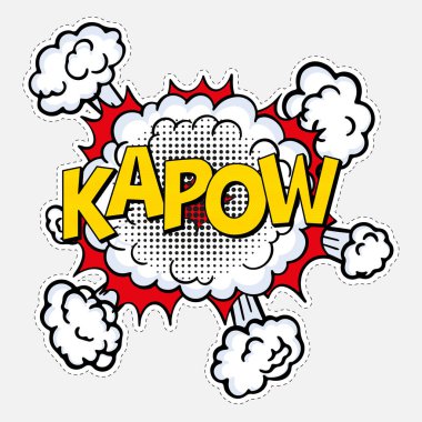 Yarım tonlu pop sanat tarzı. İfade metni Kapow olan komik bir konuşma balonu. Klasik çizgi roman posteri. Çizgi roman pop sanat çizimi
