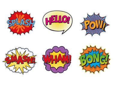 Renkli komik konuşma baloncukları ayarlandı. Çizgi roman ses efekti. Çizgi roman baloncukları farklı duygular içeriyor. Splash, Hello, pow, Smash, Wham, Bong