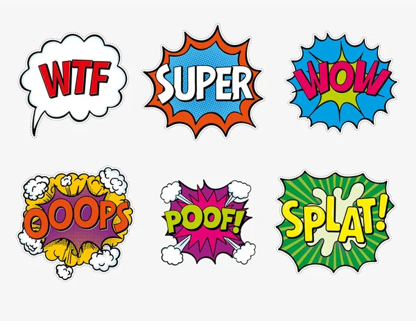 Uttryckstext Wtf Super Wow Oops Poof Splat Comic Tal Bubblor — Stockfoto