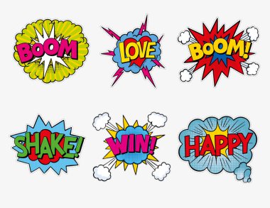 Çizgi roman stilinin ünlem cümlesi. Comic Bubbles Set. Komik metin Boom, Love, Shake, kazan, Happy