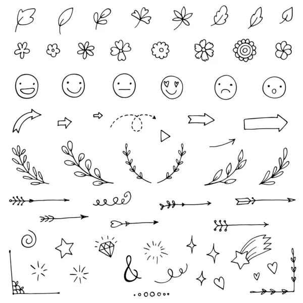 Elementos Garabatos Dibujados Mano Flechas Ramas Flores Emojis Más — Vector de stock