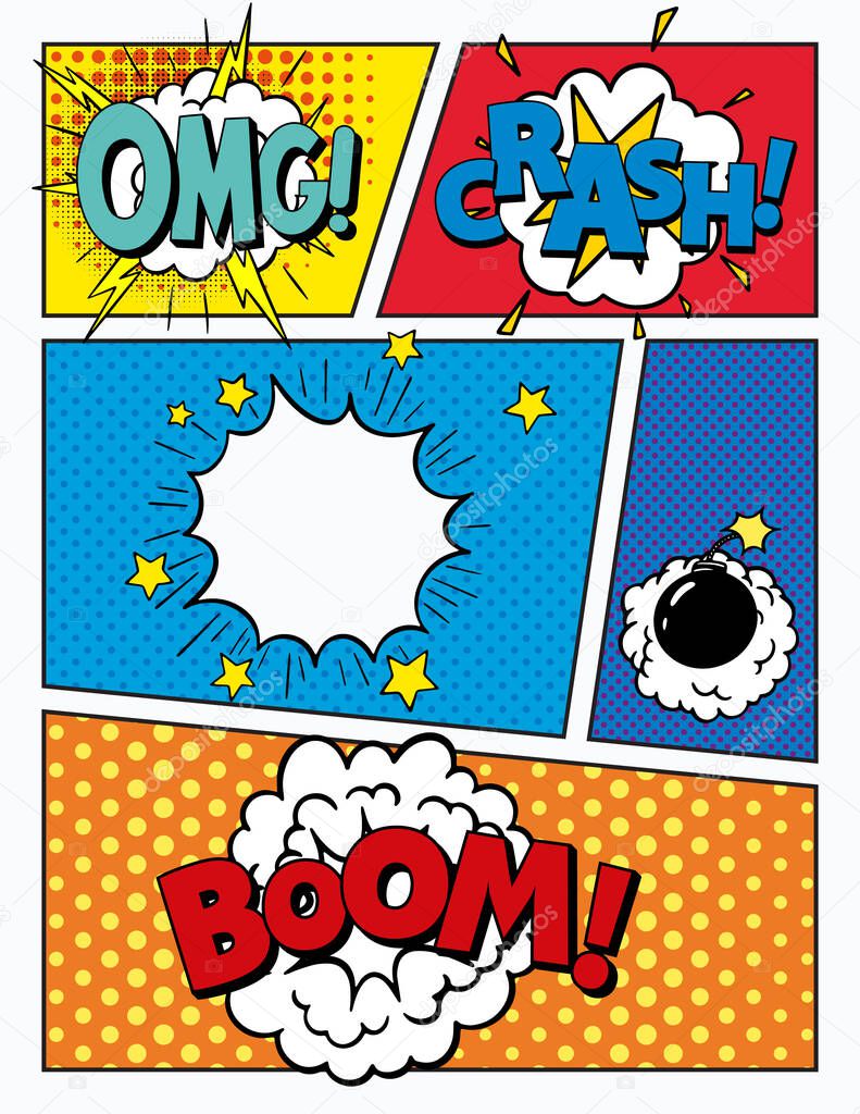 colorful background. Comic book page. Pop Art Style Blank. Vintage comics book poster. comic sound effect