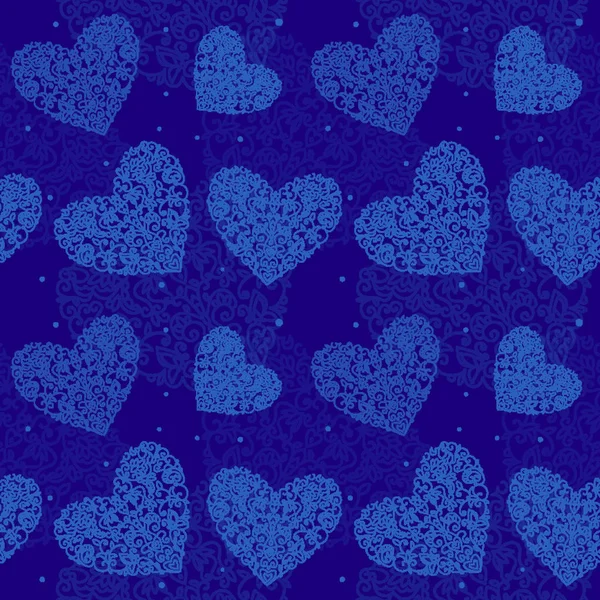 Безшовний Візерунок Серце Намальоване Завитки Білий Синьому Фоні — стоковий вектор