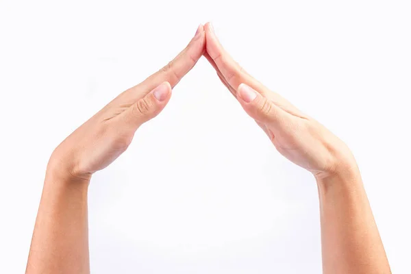 Manos Yoga Mano Como Techo Casa Aislado Sobre Fondo Blanco — Foto de Stock