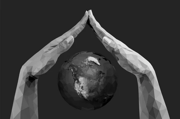 Vektor Polygonale Hände Zusammengefaltet Wie Ein Dach Das Den Planeten — Stockvektor