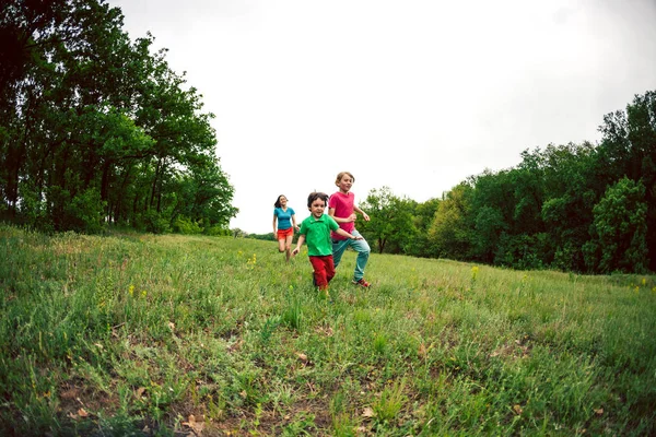 A woman with children runs along the green grass. Mom catches up with sons. A boy playing with his family outdoors. The kid walks through the meadow with his friends.