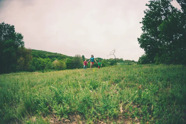 子供を持つ女性は 緑の芝生に沿って実行されます お母さんは 手と笑いによって彼女の息子を保持しています 彼の家族は屋外で遊ぶ少年 彼の母親と兄と一緒に草原を歩く子供 — ストック写真