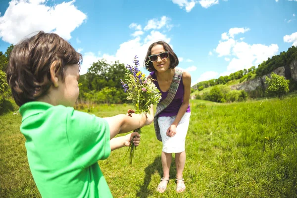 The boy gives his mother a bouquet of wild flowers. A woman is walking with her son in a meadow. A gift for mother\'s day. The girl takes a bunch of flowers. The child congratulates mom.