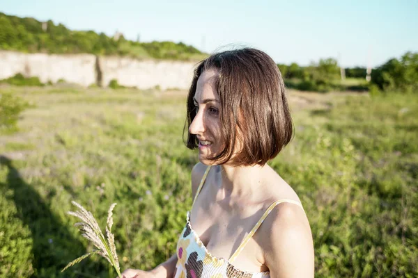 Retrato Una Mujer Sonriente Chica Campo Morena Prado Mujer Linda —  Fotos de Stock