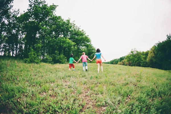子供を持つ女性は 緑の芝生に沿って実行されます お母さんは手で彼女の息子を保持し 実行します 彼の家族は屋外で遊ぶ少年 彼の母親と兄と一緒に草原を歩く子供 — ストック写真