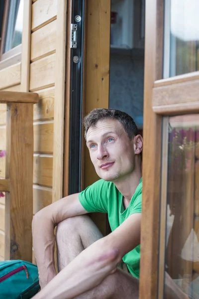 Portrait Man Young Man Sitting Door — Stock Photo, Image