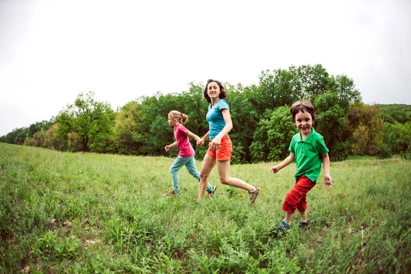 Çocuklar anneleriyle birlikte tarlada yürümek. Çocuklar için el ile yeşil çim çayırda anne ile gitmek. Bir kadının oğulları ile vakit geçiriyor. Aile değerleri. Çocuk arkadaş uzak çalışır.