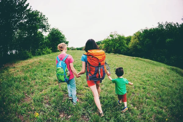 Egy Gyerekekkel Megy Túrázás Utazás Családdal Fiú Testvére Anyja Erdőben — Stock Fotó