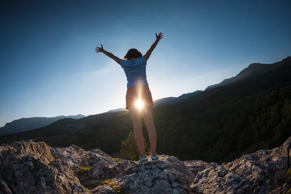 Chica Cima Montaña Levantó Las Manos Mujer Subió Cima Regocija —  Fotos de Stock