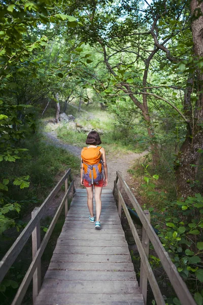 Egy Hátizsákban Egy Lány Sétál Végig Egy Fahíd Utazik Séta — Stock Fotó