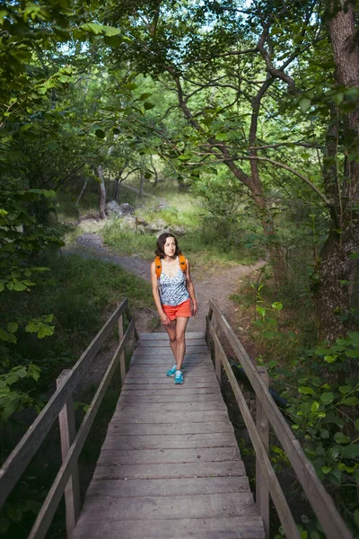 Дівчина Рюкзаком Йде Дерев Яному Мосту Жінка Подорожує Ходити Лісі — стокове фото