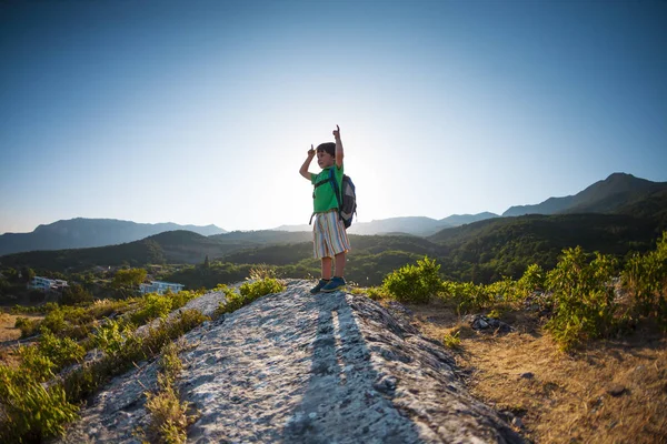 Een Jongen Top Van Een Berg Een Kind Met Een — Stockfoto