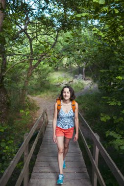 Bir sırt çantası bir kızla bir ahşap köprü yürür. Kadın dolaşıyor. Ormanda yürümek. Nehir ince bir esmer haçlar.