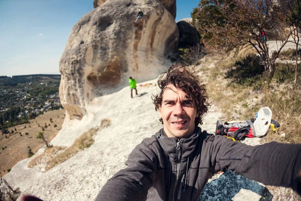 Selfi Fondo Los Escaladores Roca Fotógrafo Dispara Escalada Roca Estilo — Foto de Stock