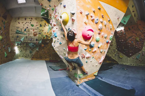 Strength and endurance training. The climber trains on the climbing wall. A woman trains to climb on an artificial relief. A slender girl goes in for sports.