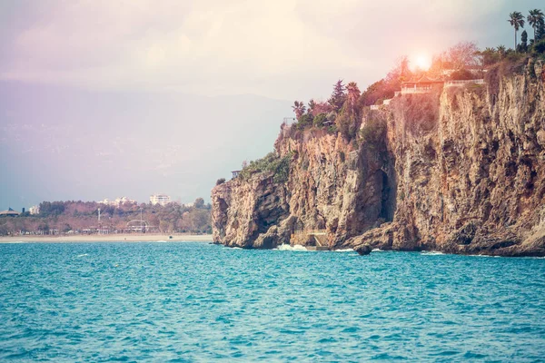 Vackra Havskusten Kusten Medelhavet Marinmålning Turkiska Resort Bergen Och Havet — Stockfoto