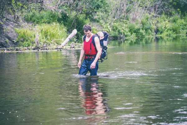 Man Child Crosses River Father Carries Son Backpack Rescue Flooding — Stock Photo, Image