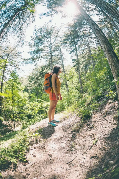 The girl is walking through the forest. A young woman with a backpack travels through picturesque places. A tourist walks along a mountain path. Fisheye lens.