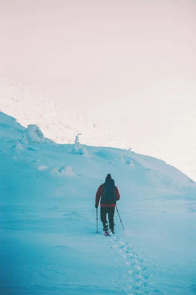 Ένας Άνθρωπος Χιονοπέδιλα Και Μπαστούνια Πεζοπορίας Στα Βουνά Ταξίδι Χειμώνα — Φωτογραφία Αρχείου
