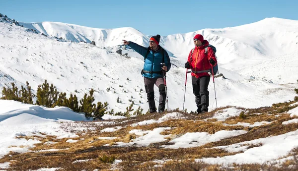 Two climbers are in the mountains in the winter against snow covered fir trees. Climbing with backpacks. Two friends travel together in picturesque places. The man shows the way.