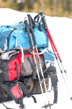 Karla kaplı dağlar ve mavi gökyüzü arka plan üzerinde üç sırt çantaları. Kar üzerinde bir sırt çantası. Aktif yaşam tarzı. Kış aylarında trekking. Yürüyüş için donatım. Trekking sopa.