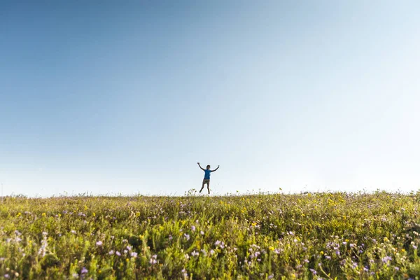 草原の少女 女性は 地平線の背景に跳んでいます 女性が空を背景の花のフィールドを歩いています — ストック写真