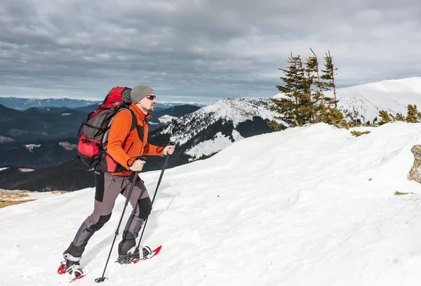 Winter climbing the mountain. A man in snowshoes is climbing to the top. Winter ascent. A mountaineer with a backpack and trekking sticks. Equipment for winter hiking.