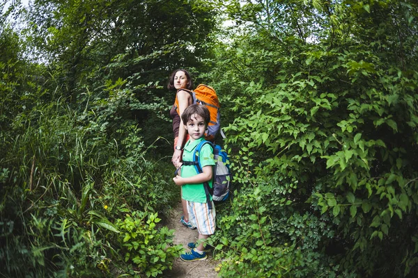 Жінка Дитина Ходять Лісовій Стежці Хлопчик Рюкзаком Їде Матір Похід — стокове фото