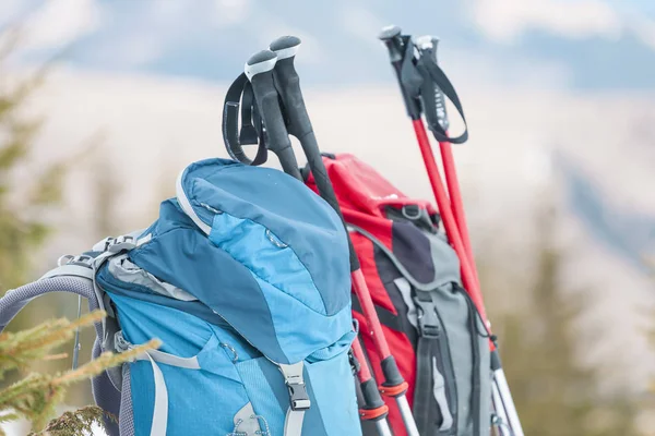 Twee Rugzakken Achtergrond Van Met Sneeuw Bedekte Bergen Blauwe Hemel — Stockfoto