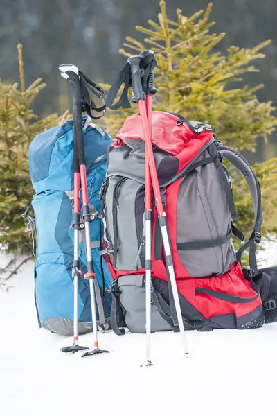 雪をかぶった山々 と青い空を背景に つのバックパック 雪の上のバックパック アクティブなライフ スタイル 冬のトレッキング ハイキングのための機器 トレッキング スティック — ストック写真