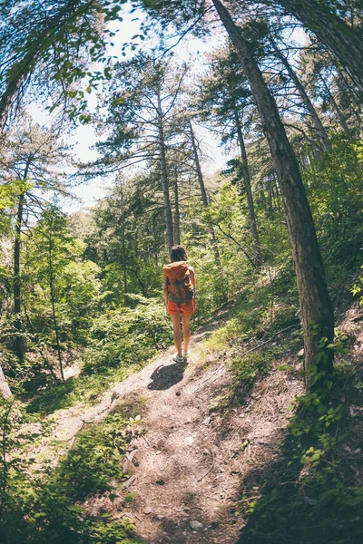 Dívka Chůze Lesem Mladá Žena Batohem Prochází Malebných Míst Turistické — Stock fotografie