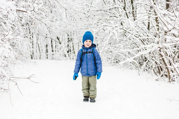 Дитина Рюкзаком Ходить Сніговій Стежці Хлопчик Гуляє Лісі Взимку Дитина — стокове фото
