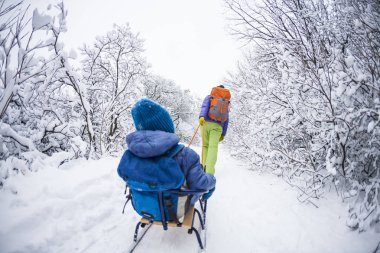 Bir kadın bir çocuk bir kızak üzerinde taşıyor. Anne oğlu ile kar izinde yürür. Neşeli kış tatili. Kış eğlence.