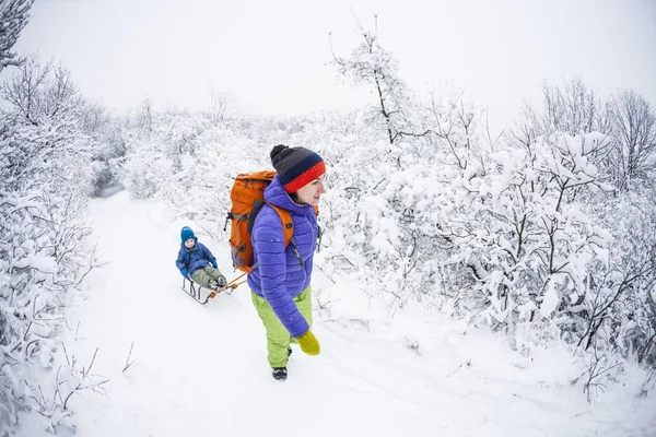 Жінка Носить Дитину Санях Мама Гуляє Своїм Сином Сніжному Шляху — стокове фото