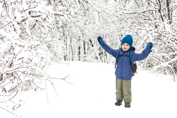 Дитина Проходить Через Сніг Хлопчик Рюкзаком Гуляє Парку Взимку Зимові — стокове фото